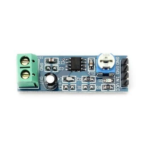 Audio Amplifier Module LM386 5-12V 10k Adjustable Resistance - a blue circuit board with a green screw terminal, a black chip, and a blue potentiometer.