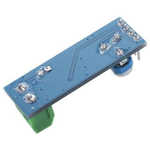 Audio Amplifier Module LM386 5-12V 10k Adjustable Resistance - the blue circuit board underside with a green screw terminal and a blue potentiometer.