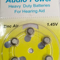 Audio Power-hearing Aid Batteries (pack Of 6 Cells) A10 - zinc air cells in yellow retail blister packaging with 1.45V specification printed on the front.