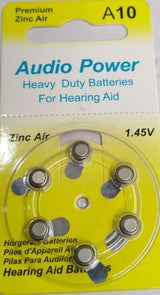 Audio Power-hearing Aid Batteries (pack Of 6 Cells) A10 - zinc air cells in yellow retail blister packaging with 1.45V specification printed on the front.