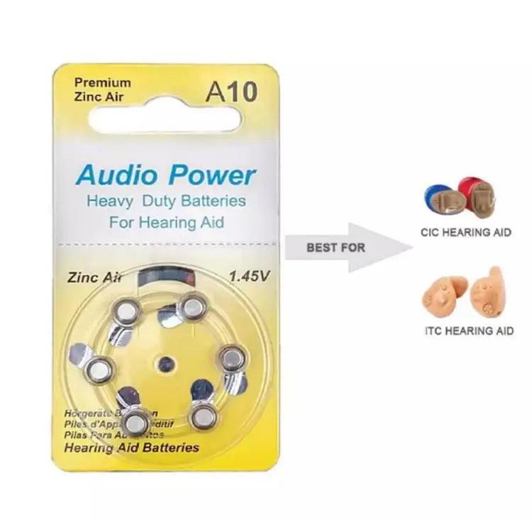 Audio Power-hearing Aid Batteries (pack Of 6 Cells) A10 - a yellow retail package of six zinc-air cells next to illustrations of CIC and ITC hearing aids.