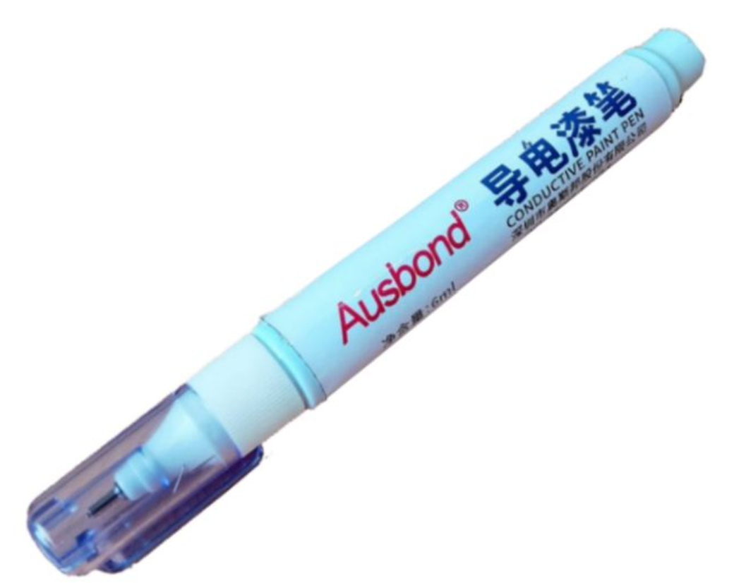 Ausbond Conductive Paint Pen - High-Precision Tool for Electrical Repairs & Circuit Connections - a white cylindrical pen with a blue cap and printed branding, shown against a plain white background.