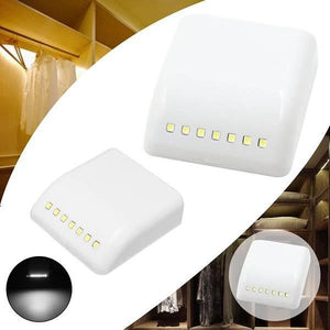 Auto Smart LED Induction PIR Motion Sensor Lamp Light For Drawer Cabinet Cupboard Closet Doors - two white square units with seven small LED lights, plus two inset scenes of the light in use.