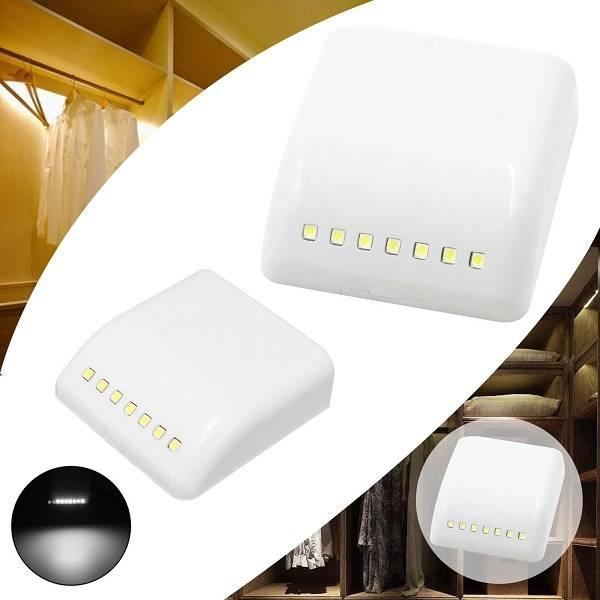 Auto Smart LED Induction PIR Motion Sensor Lamp Light For Drawer Cabinet Cupboard Closet Doors - two white square units with seven small LED lights, plus two inset scenes of the light in use.