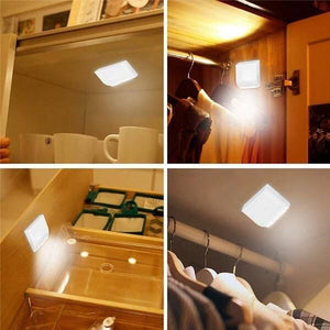 Auto Smart LED Induction PIR Motion Sensor Lamp Light For Drawer Cabinet Cupboard Closet Doors - shown installed in four different kitchen cabinets, drawers, and closets, emitting a white light.