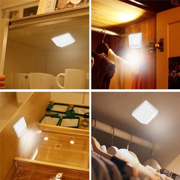 Auto Smart LED Induction PIR Motion Sensor Lamp Light For Drawer Cabinet Cupboard Closet Doors - shown installed in four different kitchen cabinets, drawers, and closets, emitting a white light.