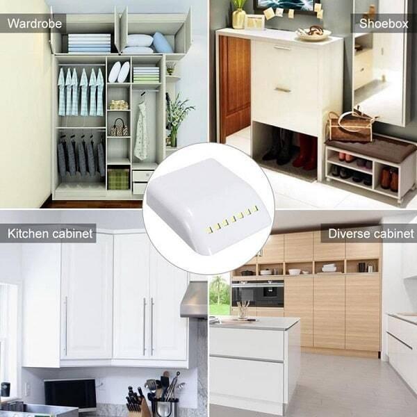 Auto Smart LED Induction PIR Motion Sensor Lamp Light For Drawer Cabinet Cupboard Closet Doors - shown as a white, rectangular device with a central circular cutout, surrounded by cabinet use cases.
