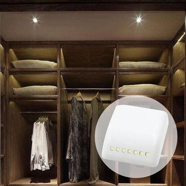 Auto Smart LED Induction PIR Motion Sensor Lamp Light For Drawer Cabinet Cupboard Closet Doors - a white, square-shaped LED light unit with seven small lights in a circle.