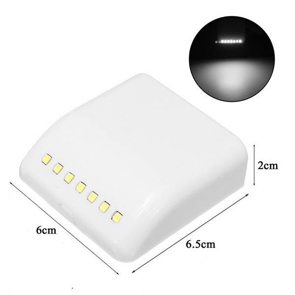 Auto Smart LED Induction PIR Motion Sensor Lamp Light For Drawer Cabinet Cupboard Closet Doors - a small white square device with seven LED bulbs and dimension labels of 6cm, 6.5cm, and 2cm.