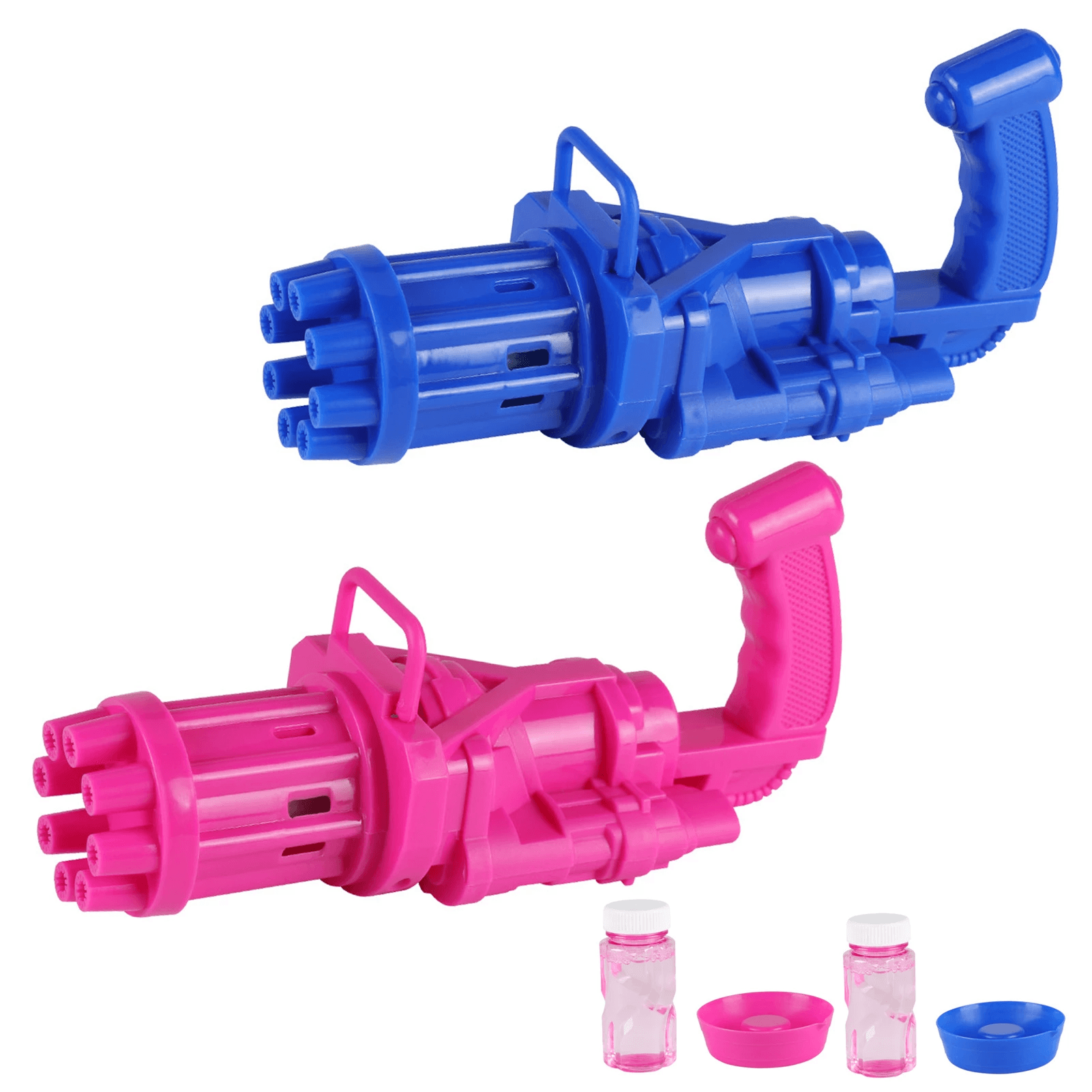 Automatic Gatling Bubble Gun Summer Soap Water Bubble Machine Kids Outdoor Toys - one blue and one pink bubble machine with handles, plus two small bubble solution bottles and two dipping trays.