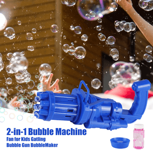 Automatic Gatling Bubble Gun Summer Soap Water Bubble Machine Kids Outdoor Toys - a blue plastic toy bubble blower with a handle, shown with a small blue dipping tray and a bottle of bubble solution.