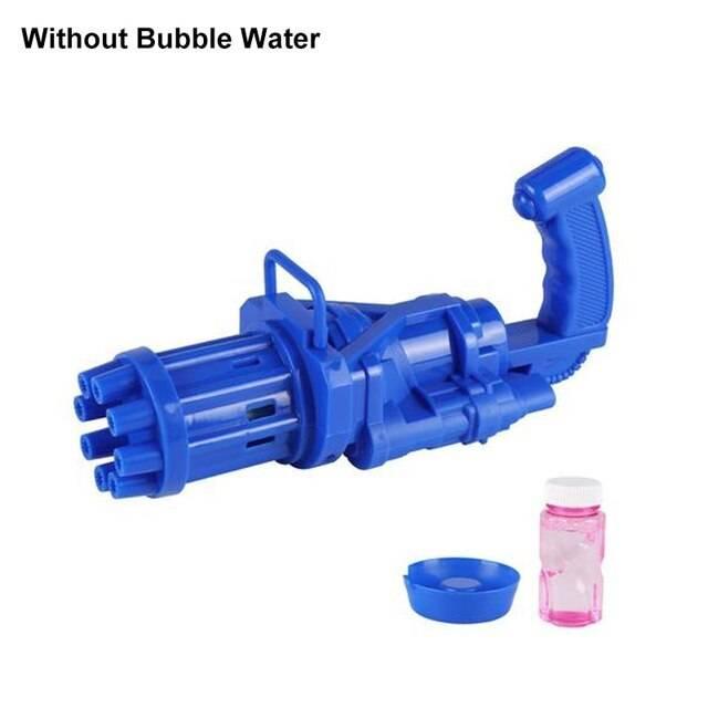 Automatic Gatling Bubble Gun Summer Soap Water Bubble Machine Kids Outdoor Toys - a blue toy bubble machine with a handle and barrel, shown with a small plastic tray and a bottle of bubble solution.