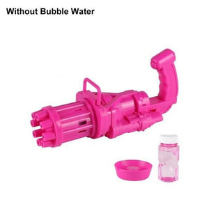 Automatic Gatling Bubble Gun Summer Soap Water Bubble Machine Kids Outdoor Toys - a pink multi-barrel toy bubble machine shown with a small bottle of bubble solution and a pink dipping tray.