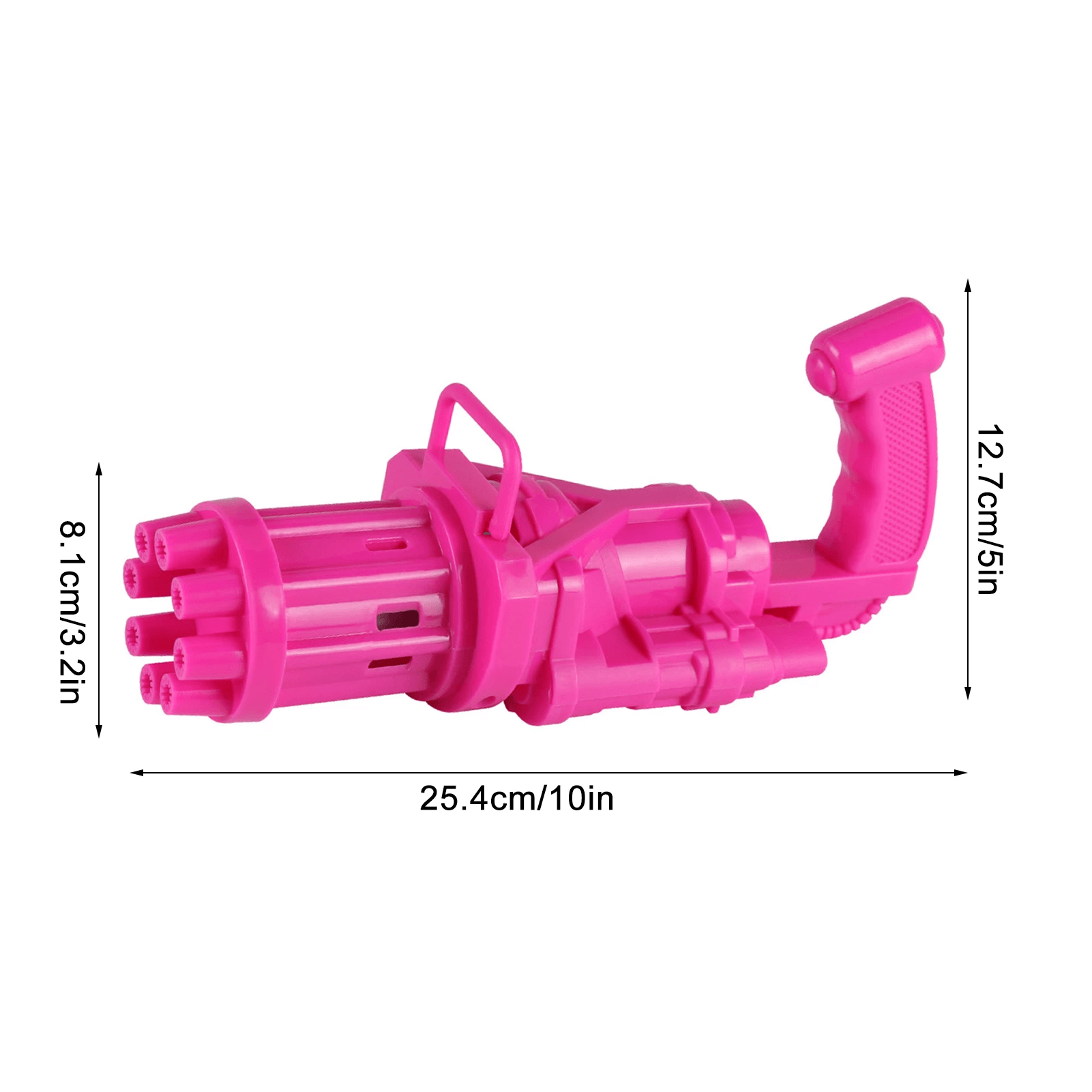 Automatic Gatling Bubble Gun Summer Soap Water Bubble Machine Kids Outdoor Toys - a pink multi-barrel bubble machine with a handle, shown in a dimension diagram with length, height, and width labels.