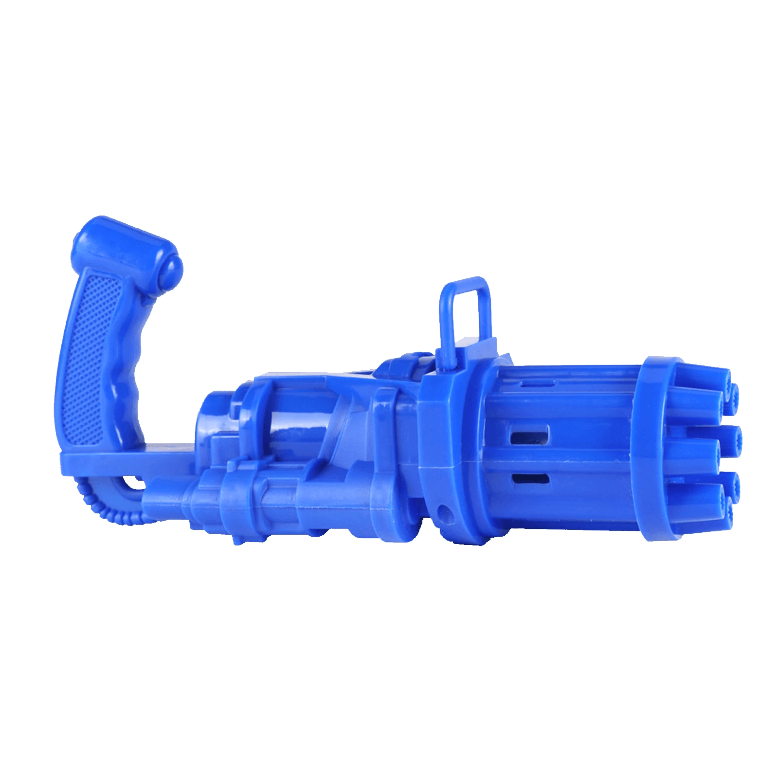 Automatic Gatling Bubble Gun Summer Soap Water Bubble Machine Kids Outdoor Toys - a blue plastic toy shaped like a multi-barrel machine gun with a top handle and a textured rear grip.
