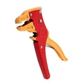 Automatic Insulated Cable Wire Stripper Remover Cutter Pliers - shown in red and yellow with a spring-loaded handle and a built-in wire length guide.