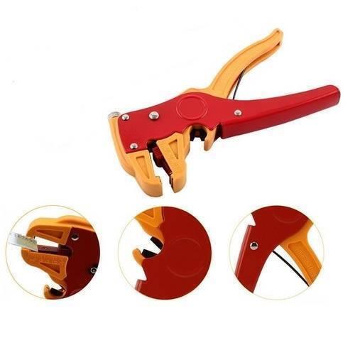 Automatic Insulated Cable Wire Stripper Remover Cutter Pliers - shown as a main tool with three circular close-up detail views of its components.
