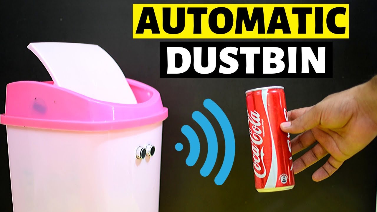 Automatic Object Sensing Smart Dustbin Project Parts - with two circular sensors on the front, shown detecting a Coca-Cola can.