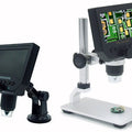 AXS-G600+ 4.3 Inch Screen 600x Zoom Microscope - shown as two units: one with a suction mount and one on a metal stand displaying a circuit board image.