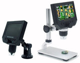 AXS-G600+ 4.3 Inch Screen 600x Zoom Microscope - shown as two units: one with a suction mount and one on a metal stand displaying a circuit board image.