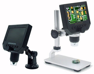 AXS-G600+ 4.3 Inch Screen 600x Zoom Microscope - shown as two units: one with a suction mount and one on a metal stand displaying a circuit board image.