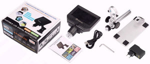 AXS-G600+ 4.3 Inch Screen 600x Zoom Microscope - shown with its box, display unit, adjustable stand, metal base, USB cable, power adapter, and manual.