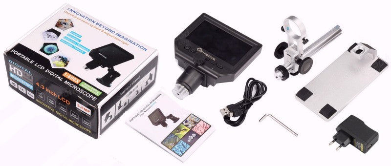 AXS-G600+ 4.3 Inch Screen 600x Zoom Microscope - shown with its box, display unit, adjustable stand, metal base, USB cable, power adapter, and manual.