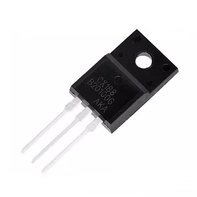 B20200G High Voltage Schottky Barrier Rectifier Diode 20A, 200V – TO-220F Package - a black, three-pin electronic component in a TO-220F package with printed text on its front surface.