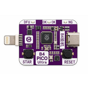 B4 Pico Ultra auto DFU tool - purple board with Lightning plug, USB-C port, START and RESET buttons and DFU/OK/NG status LEDs