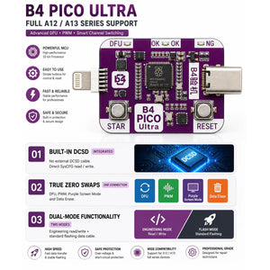 B4 Pico Ultra DFU tool feature chart showing A12/A13 support, built-in DCSD, zero cable-swap and dual-mode functions