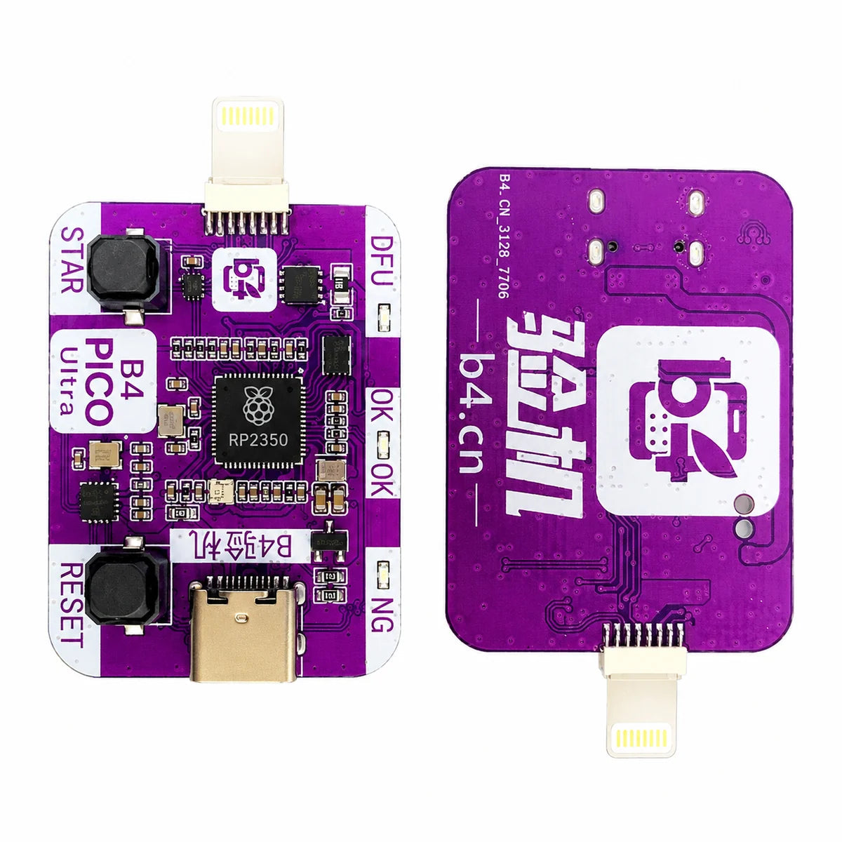 B4 Pico Ultra auto DFU tool front and back view with Lightning connector and B4 logo