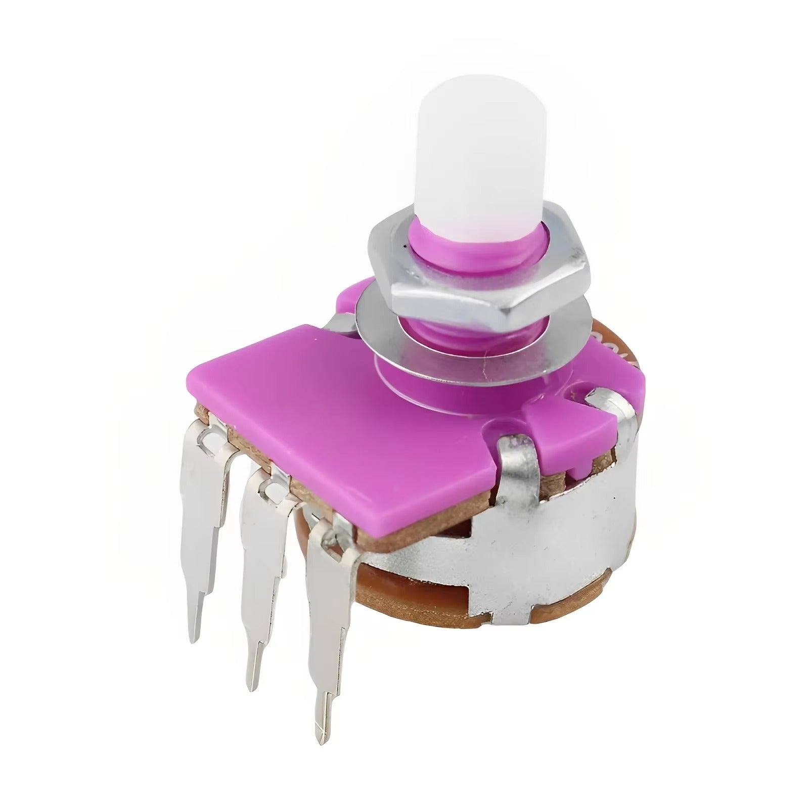 B500K Adjustable Potentiometer 2 Pin - shown as a purple-topped electronic component with a white adjustment knob, metal mounting nut, and three metal pins.
