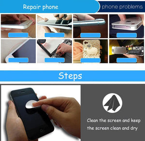 B7000 Glue For Mobile Phone 50ML - shown in an instructional infographic demonstrating various phone screen repair scenarios and cleaning steps.