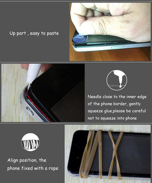 B7000 Glue For Mobile Phone 50ML - shown in a three-part instructional guide on how to apply adhesive to a smartphone screen using a needle and rubber bands.