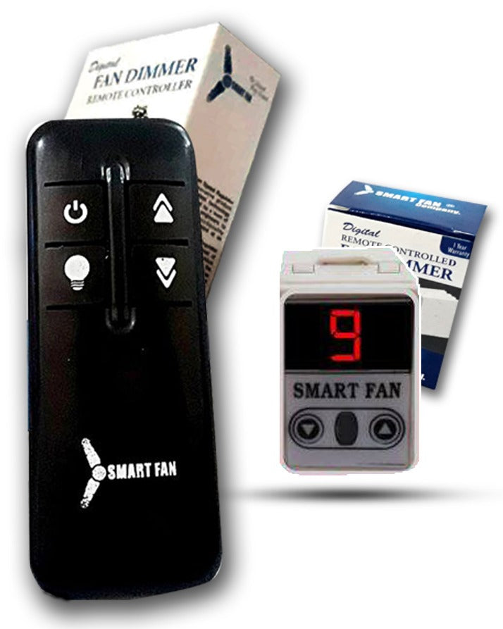 Back Lock Type Digital Ceiling Fan Dimmer With Remote Control China Fitting - a black remote, a white wall-mount unit with a red number 9, and boxes.