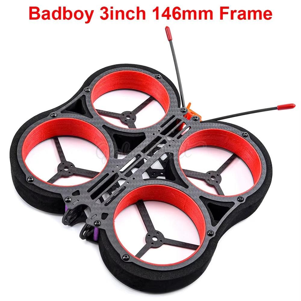 Badboy 3inch 146mm Full Carbon Fiber HD Indoor Duct Fpv Racing Frame Kit For Rc Drone Multicopter DIY Motor Spare Parts Yyds - a black carbon fiber drone frame kit with four red circular propeller ducts and two antennas attached.
