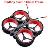 Badboy 3inch 146mm Full Carbon Fiber HD Indoor Duct Fpv Racing Frame Kit For Rc Drone Multicopter DIY Motor Spare Parts Yyds - a black carbon fiber drone frame kit with four red circular propeller ducts and two antennas attached.