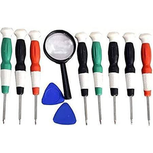 Baku 11 Pcs Bk- 8600 Stainless Steel Precision Screwdriver Tool Kit Set For Mobile Laptop Repairing - eight precision screwdrivers with colored handles, a magnifying glass, and two blue plastic opening picks.