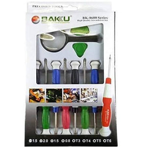 Baku 11 Pcs Bk- 8600 Stainless Steel Precision Screwdriver Tool Kit Set For Mobile Laptop Repairing - various coloured screwdrivers, a magnifying glass, and prying tools.
