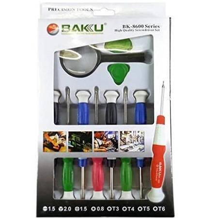 Baku 11 Pcs Bk- 8600 Stainless Steel Precision Screwdriver Tool Kit Set For Mobile Laptop Repairing - various coloured screwdrivers, a magnifying glass, and prying tools.