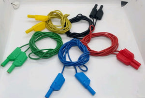 Banana Clip Wires 4mm | High-Quality Test Leads | Digilog.pk - five sets of test leads with 4mm banana plugs in yellow, black, green, blue, and red colours arranged on a white surface.