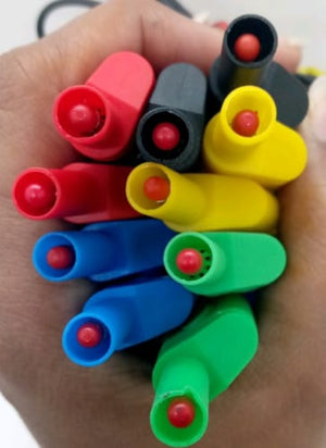 Banana Clip Wires 4mm | High-Quality Test Leads | Digilog.pk - shown in a close-up, held in a hand, featuring a cluster of multi-colored connectors with red tips.