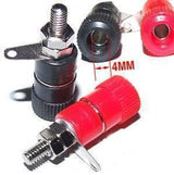 Banana Clips For Power Supply - shown as a collection of red and black panel-mount connectors with 4mm ports and threaded metal terminals.