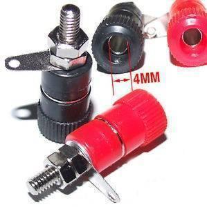 Banana Clips For Power Supply - shown as a collection of red and black panel-mount connectors with 4mm ports and threaded metal terminals.
