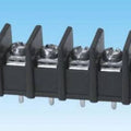 Barrier Terminal Block 6 Pin (WJ55C-B) - a black plastic electrical connector with six metal screw terminals and pins on a light blue background.