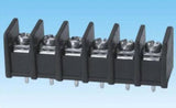 Barrier Terminal Block 6 Pin (WJ55C-B) - a black plastic electrical connector with six metal screw terminals and pins on a light blue background.