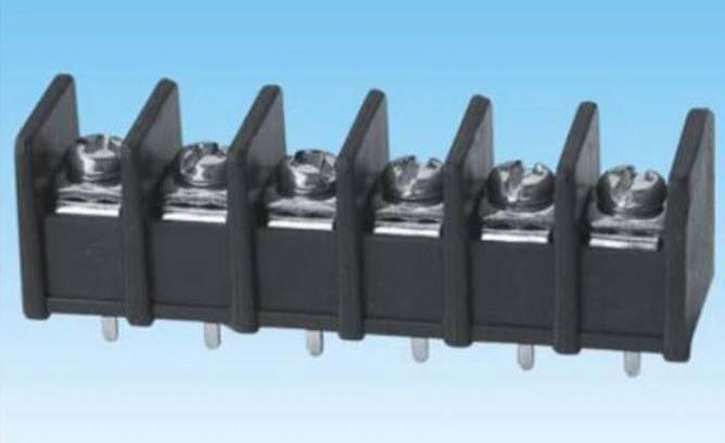 Barrier Terminal Block 6 Pin (WJ55C-B) - a black plastic electrical connector with six metal screw terminals and pins on a light blue background.