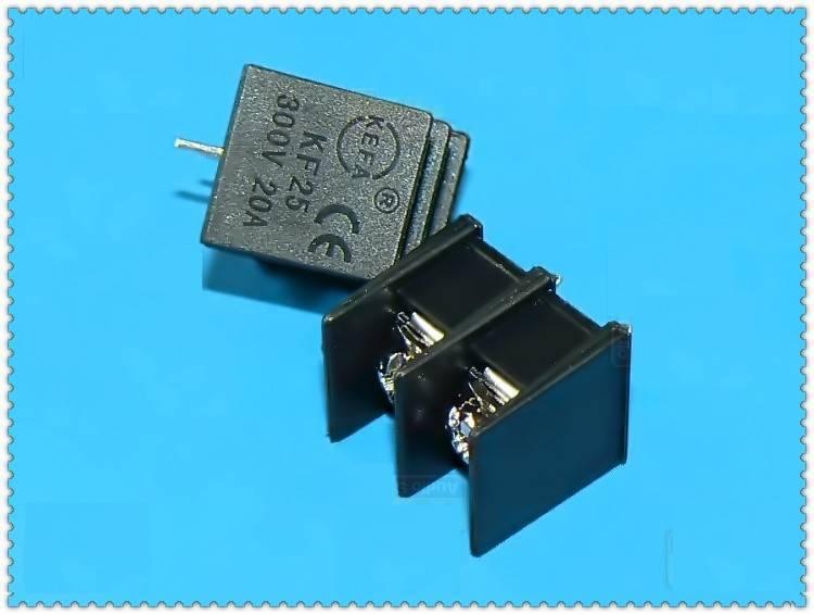 Barrier Terminal Block Connector 7.62mm (KF25) - two black plastic components with metal screw terminals and a 300V 20A label on a blue background.