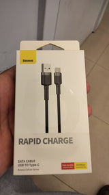 Baseus Rapid Charge Data Cable USB To Type C - shown in its white retail packaging box featuring a graphic of the black cable and connector ends.