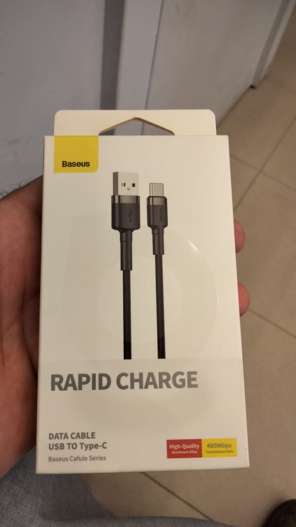 Baseus Rapid Charge Data Cable USB To Type C - shown in its white retail packaging box featuring a graphic of the black cable and connector ends.